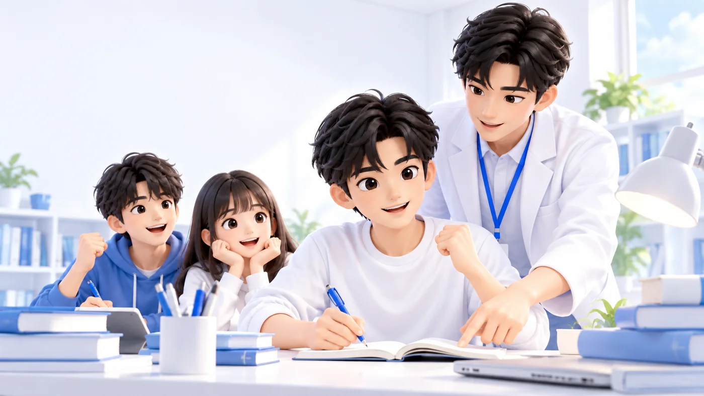 先生に教わりながら、仲間と一緒に机に向かって勉強する受験生